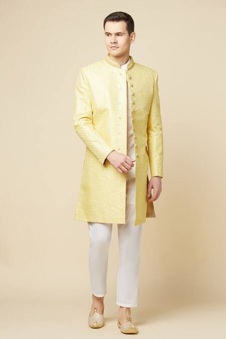 SPRING BREAK_Yellow Cotton, Polyester Embroidery Sherwani Set _Online_at_Aza_Fashions