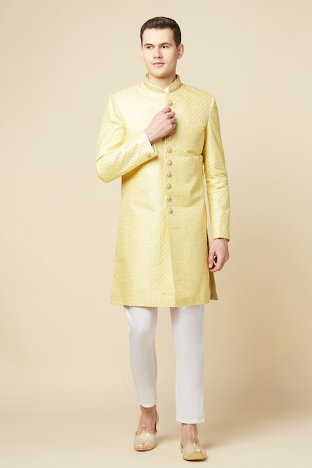 Buy_SPRING BREAK_Yellow Cotton, Polyester Embroidery Sherwani Set _Online_at_Aza_Fashions