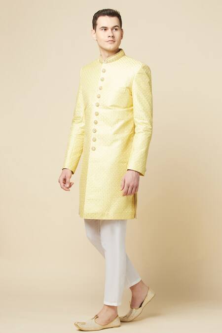 Shop_SPRING BREAK_Yellow Cotton, Polyester Embroidery Sherwani Set _Online_at_Aza_Fashions