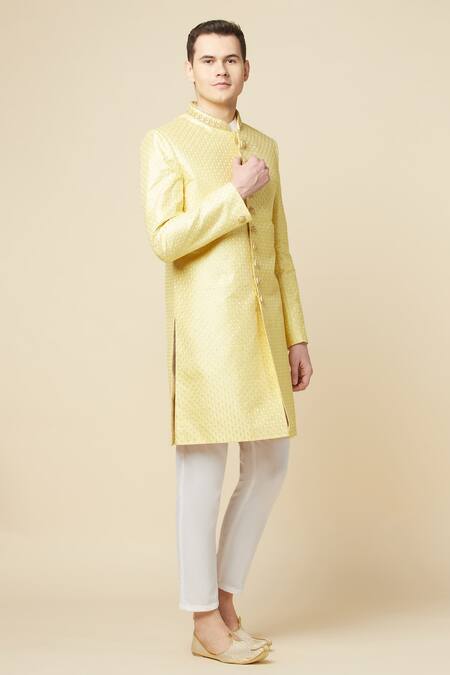 SPRING BREAK_Yellow Cotton, Polyester Embroidery Sherwani Set _at_Aza_Fashions