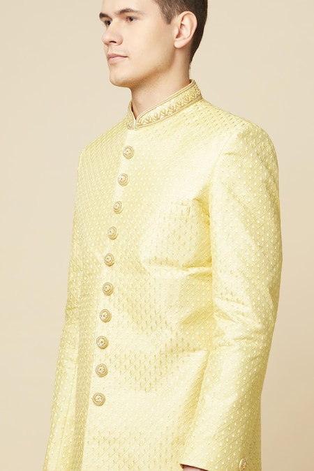Shop_SPRING BREAK_Yellow Cotton, Polyester Embroidery Sherwani Set 