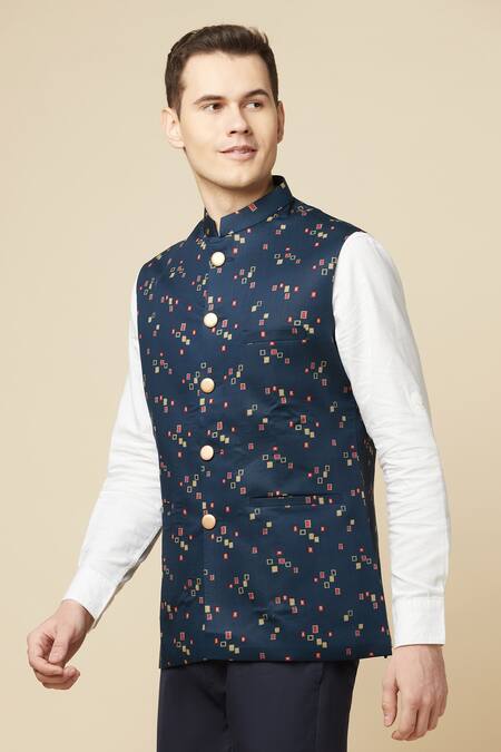 Shop_SPRING BREAK_White Cotton, Polyester Geometric Printed Bundi And Shirt Set _Online_at_Aza_Fashions