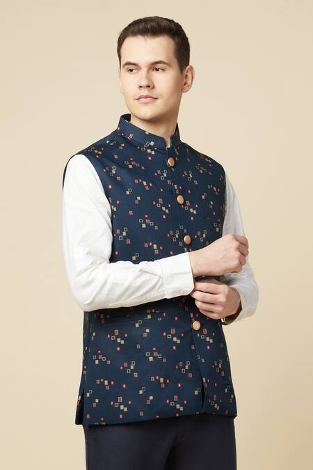 SPRING BREAK_White Cotton, Polyester Geometric Printed Bundi And Shirt Set _at_Aza_Fashions