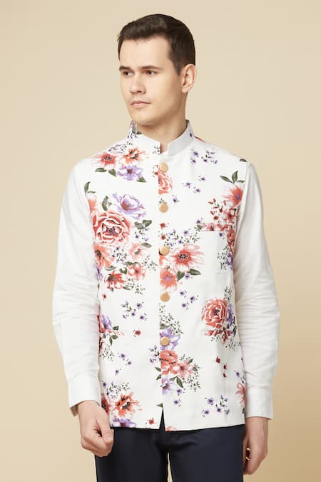 Spring Break_White Cotton, Linen Embroidery Printed Bundi And Shirt Set _Online_at_Aza_Fashions