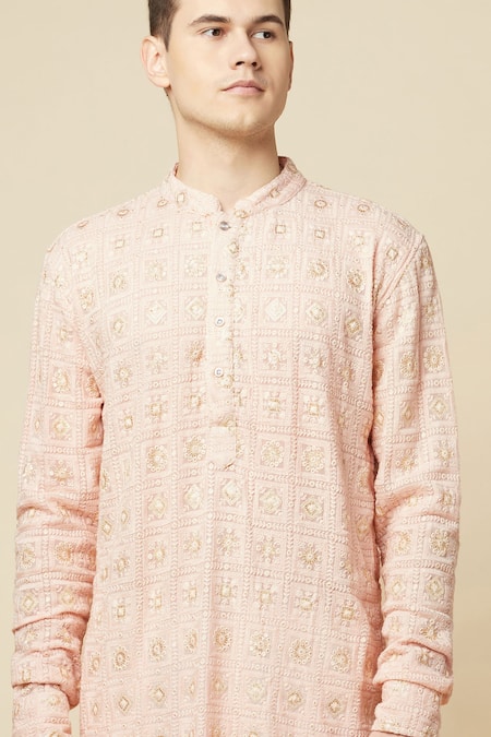 Shop Spring Break Pink Cotton, Polyester Embroidery Lucknowi Kurta And Churidar Set Shop_Spring Break_Pink Cotton, Polyester Embroidery Lucknowi Kurta And Churidar Set