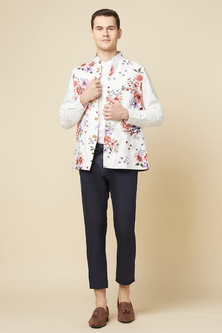 Shop_Spring Break_White Cotton, Linen Embroidery Printed Bundi And Shirt Set 