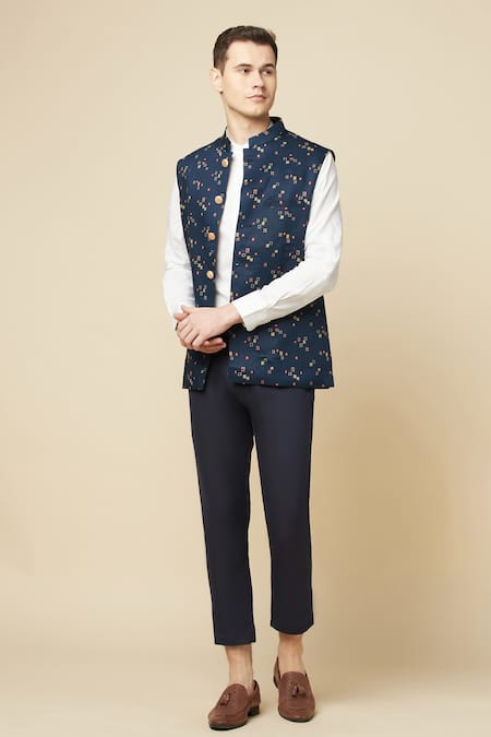 Shop_SPRING BREAK_White Cotton, Polyester Geometric Printed Bundi And Shirt Set 
