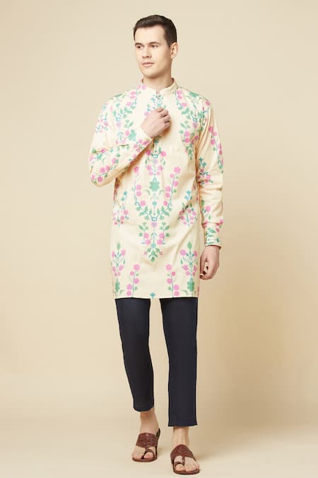 Spring Break_Beige Cotton, Polyester, Linen Embroidery Floral Print Kurta And Pant Set_Online_at_Aza_Fashions