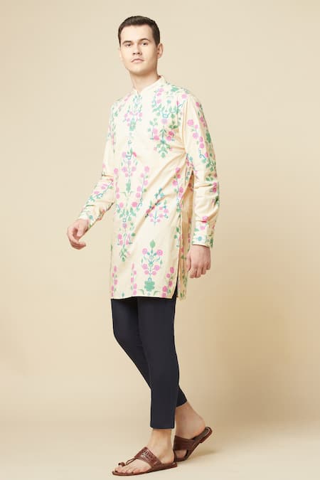 Shop_Spring Break_Beige Cotton, Polyester, Linen Embroidery Floral Print Kurta And Pant Set_Online_at_Aza_Fashions