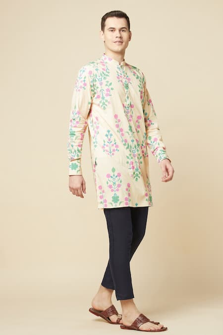 Spring Break_Beige Cotton, Polyester, Linen Embroidery Floral Print Kurta And Pant Set_at_Aza_Fashions