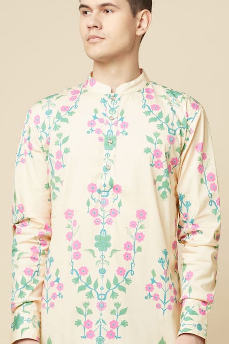 Buy_Spring Break_Beige Cotton, Polyester, Linen Embroidery Floral Print Kurta And Pant Set