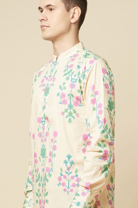 Shop_Spring Break_Beige Cotton, Polyester, Linen Embroidery Floral Print Kurta And Pant Set