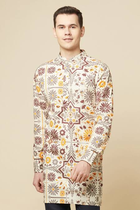 Buy_Spring Break_Beige Cotton, Polyester, Linen Embroidery Printed Kurta Set _Online_at_Aza_Fashions