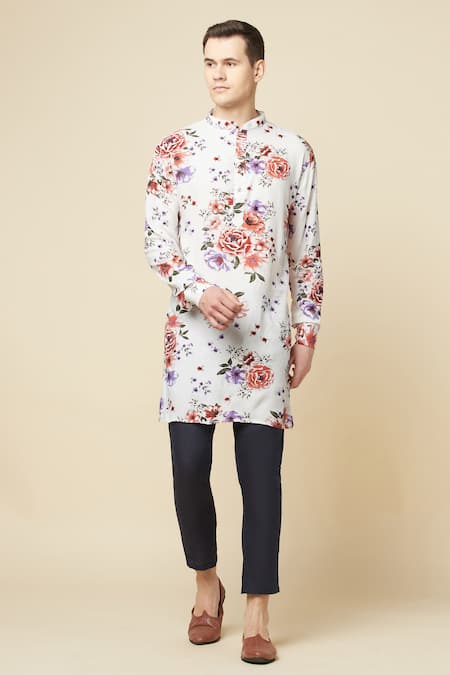 Spring Break_White Cotton Embroidery Floral Digital Print Kurta_Online_at_Aza_Fashions