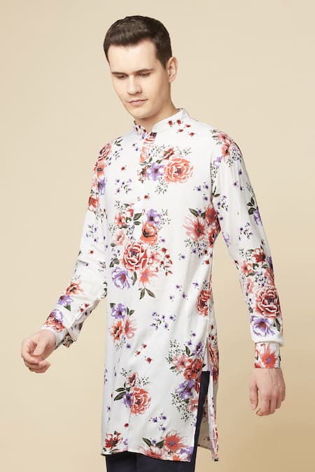 Shop_Spring Break_White Cotton Embroidery Floral Digital Print Kurta_Online_at_Aza_Fashions
