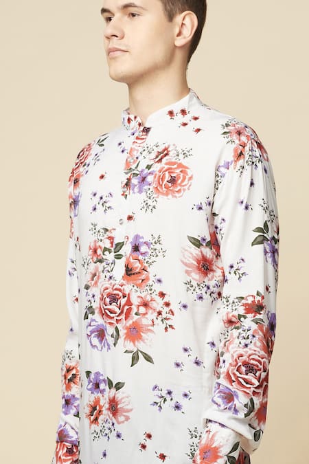 Shop_Spring Break_White Cotton Embroidery Floral Digital Print Kurta