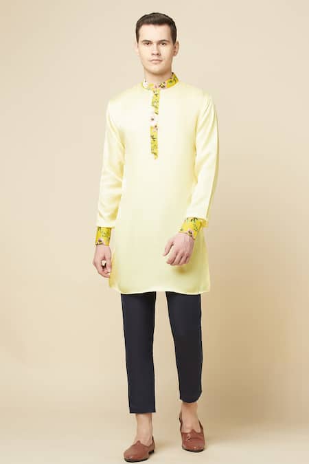 Spring Break Yellow Cotton, Polyester Embroidery Collar Printed Kurta Online at Aza Fashions Spring Break_Yellow Cotton, Polyester Embroidery Collar Printed Kurta _Online_at_Aza_Fashions
