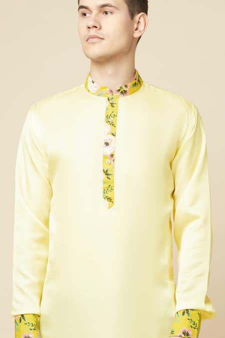 Spring Break Yellow Cotton, Polyester Embroidery Collar Printed Kurta at Aza Fashions Spring Break_Yellow Cotton, Polyester Embroidery Collar Printed Kurta _at_Aza_Fashions