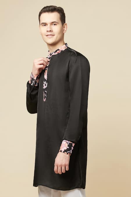 Shop Spring Break Black Cotton, Polyester Embroidery Placket Printed Kurta Shop_Spring Break_Black Cotton, Polyester Embroidery Placket Printed Kurta