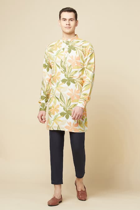 Spring Break_Yellow Cotton, Silk Embroidery Floral Print Kurta _Online_at_Aza_Fashions