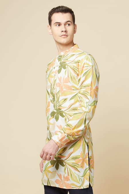 Shop_Spring Break_Yellow Cotton, Silk Embroidery Floral Print Kurta _Online_at_Aza_Fashions