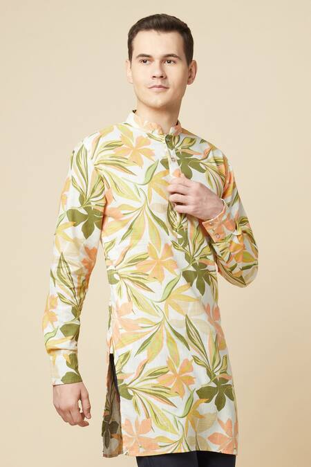 Spring Break_Yellow Cotton, Silk Embroidery Floral Print Kurta _at_Aza_Fashions