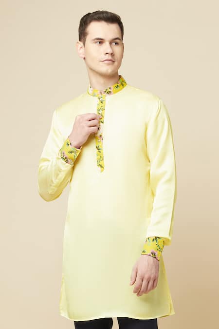 Shop Spring Break Yellow Cotton, Polyester Embroidery Collar Printed Kurta Shop_Spring Break_Yellow Cotton, Polyester Embroidery Collar Printed Kurta