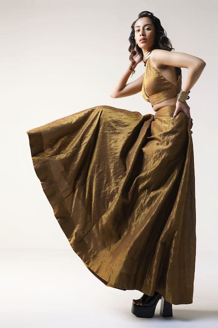 Shorshe Clothing_Gold Handloom Cotton Velvet Panelled Maxi Skirt _Online_at_Aza_Fashions