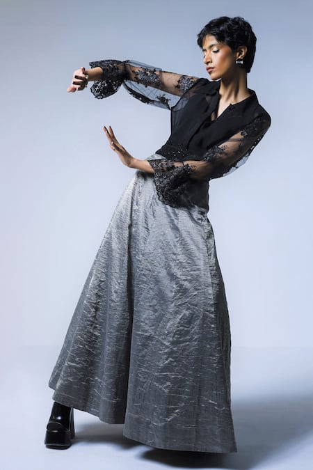 Shorshe Clothing Grey Handloom Cotton Tissue Panelled Skirt Online at Aza Fashions Shorshe Clothing_Grey Handloom Cotton Tissue Panelled Skirt _Online_at_Aza_Fashions