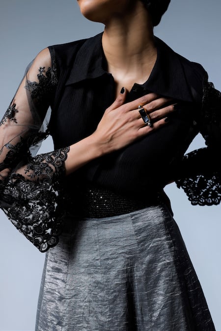 Buy Shorshe Clothing Grey Handloom Cotton Tissue Panelled Skirt Online at Aza Fashions Buy_Shorshe Clothing_Grey Handloom Cotton Tissue Panelled Skirt _Online_at_Aza_Fashions