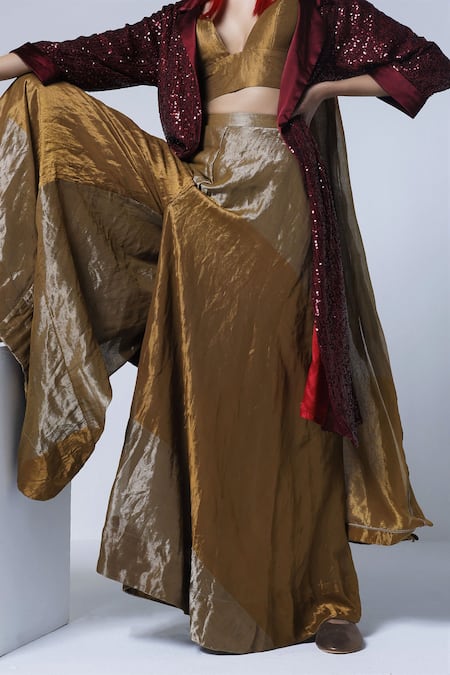Shorshe Clothing_Gold Handloom Cotton Tissue Gharara _Online_at_Aza_Fashions
