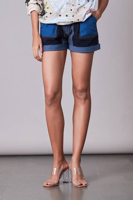 Saaksha & Kinni_Blue Denim Patchwork Shorts_Online_at_Aza_Fashions
