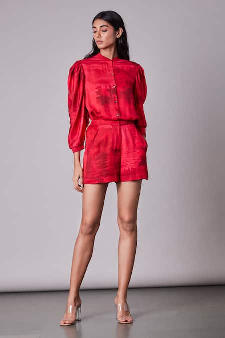 Printed Satin Shorts Red