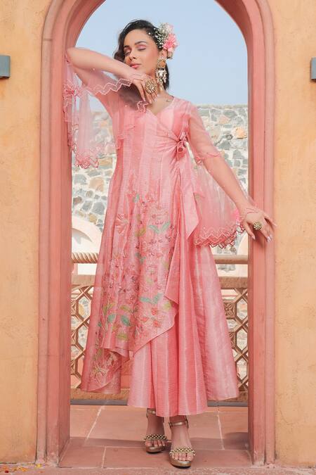 Buy Show Shaa Peach Kota Doria, Cotton, Crepe Sequins, Floral Applique Angarkha Pant Set Online at Aza Fashions Buy_Show Shaa_Peach Kota Doria, Cotton, Crepe Sequins, Floral Applique Angarkha Pant Set _Online_at_Aza_Fashions