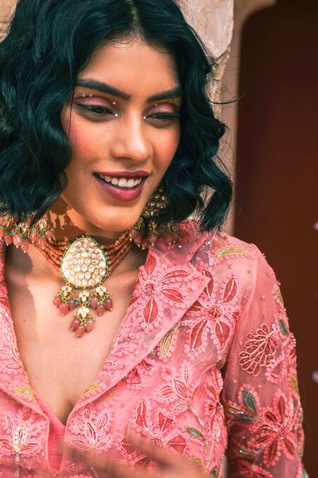 Buy Show Shaa Peach Linen, Silk, Net Sequins, Embroidery Floral Applique Jacket Sharara Set Buy_Show Shaa_Peach Linen, Silk, Net Sequins, Embroidery Floral Applique Jacket Sharara Set