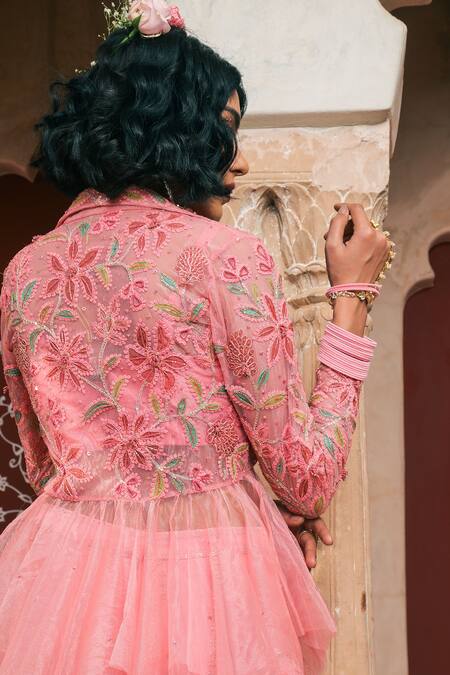 Shop Show Shaa Peach Linen, Silk, Net Sequins, Embroidery Floral Applique Jacket Sharara Set Online at Aza Fashions Shop_Show Shaa_Peach Linen, Silk, Net Sequins, Embroidery Floral Applique Jacket Sharara Set _Online_at_Aza_Fashions