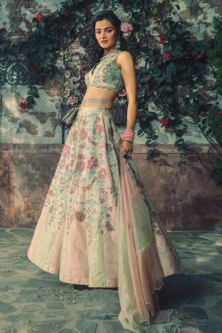 Buy Show Shaa Green Kota Doria, Organza, Satin Floral 3d Applique Hand Bridal Lehenga Set Online at Aza Fashions Buy_Show Shaa_Green Kota Doria, Organza, Satin Floral 3d Applique Hand Bridal Lehenga Set _Online_at_Aza_Fashions