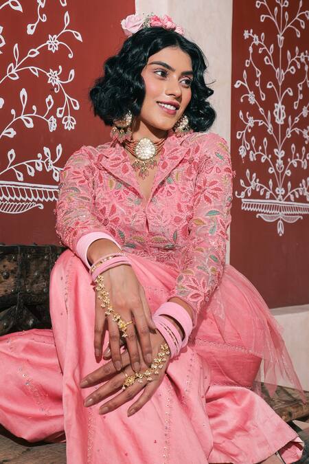 Show Shaa Peach Linen, Silk, Net Sequins, Embroidery Floral Applique Jacket Sharara Set at Aza Fashions Show Shaa_Peach Linen, Silk, Net Sequins, Embroidery Floral Applique Jacket Sharara Set _at_Aza_Fashions