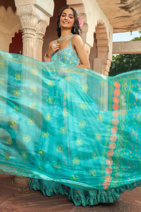Shop Show Shaa Blue Satin, Organza, Crepe Embroidery, Tassels Splash Hand Blouse Lehenga Set Online at Aza Fashions Shop_Show Shaa_Blue Satin, Organza, Crepe Embroidery, Tassels Splash Hand Blouse Lehenga Set _Online_at_Aza_Fashions