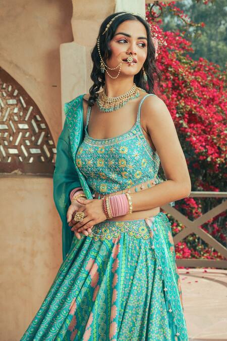 Buy Show Shaa Blue Satin, Organza, Crepe Embroidery, Tassels Splash Hand Blouse Lehenga Set Buy_Show Shaa_Blue Satin, Organza, Crepe Embroidery, Tassels Splash Hand Blouse Lehenga Set
