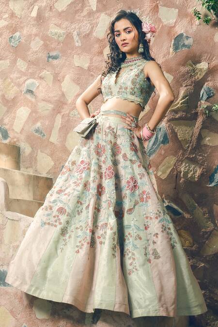 Shop Show Shaa Green Kota Doria, Organza, Satin Floral 3d Applique Hand Bridal Lehenga Set Shop_Show Shaa_Green Kota Doria, Organza, Satin Floral 3d Applique Hand Bridal Lehenga Set