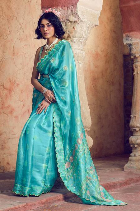 Buy_Show Shaa_Blue Organza, Satin Embroidery Scoop Splash Print Saree With Embellished Blouse _Online_at_Aza_Fashions