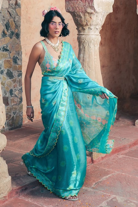 Shop_Show Shaa_Blue Organza, Satin Embroidery Scoop Splash Print Saree With Embellished Blouse _Online_at_Aza_Fashions