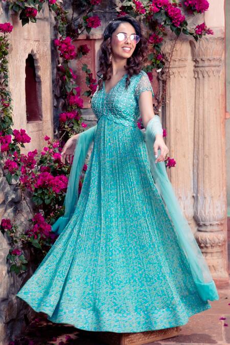 Show Shaa Blue Chiffon, Crepe, Net Cut Work V-neck Floral Print Anarkali With Dupatta Online at Aza Fashions Show Shaa_Blue Chiffon, Crepe, Net Cut Work V-neck Floral Print Anarkali With Dupatta _Online_at_Aza_Fashions