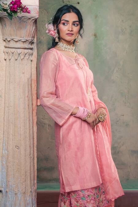 Buy_Show Shaa_Peach Kota Doria, Organza, Crepe Beads, Embroidery, Floral Applique Kurta Set