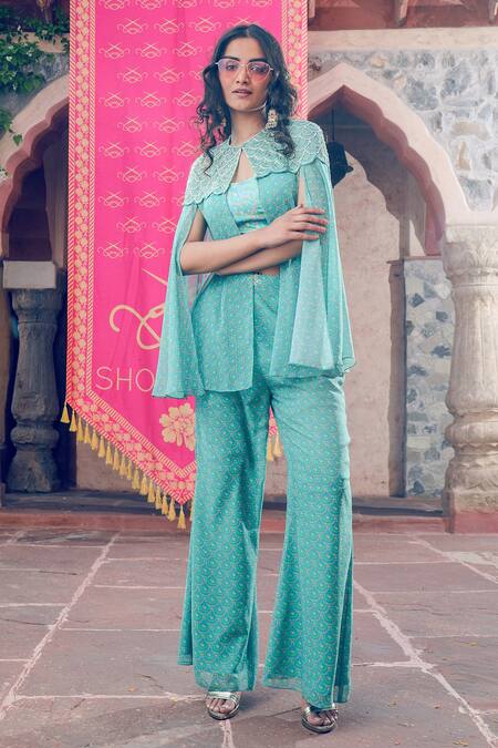 Buy Show Shaa Blue Crepe Sequins Round Neck Splash Print Cape And Pant Set Buy_Show Shaa_Blue Crepe Sequins Round Neck Splash Print Cape And Pant Set