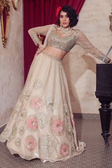 Buy Show Shaa Ivory Organza, Net, Satin Mirrors, Floral Hand Embroidered Bridal Lehenga Set Online at Aza Fashions Buy_Show Shaa_Ivory Organza, Net, Satin Mirrors, Floral Hand Embroidered Bridal Lehenga Set _Online_at_Aza_Fashions