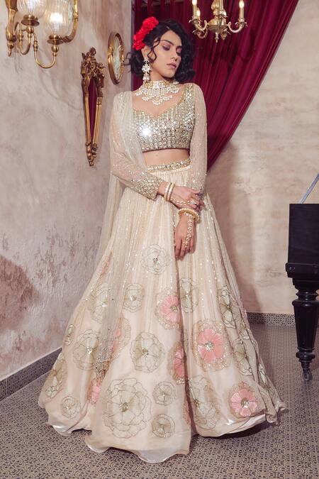 Shop Show Shaa Ivory Organza, Net, Satin Mirrors, Floral Hand Embroidered Bridal Lehenga Set Online at Aza Fashions Shop_Show Shaa_Ivory Organza, Net, Satin Mirrors, Floral Hand Embroidered Bridal Lehenga Set _Online_at_Aza_Fashions