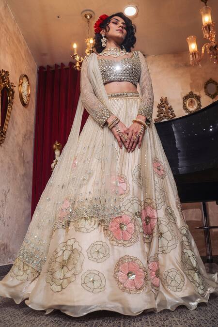 Show Shaa Ivory Organza, Net, Satin Mirrors, Floral Hand Embroidered Bridal Lehenga Set at Aza Fashions Show Shaa_Ivory Organza, Net, Satin Mirrors, Floral Hand Embroidered Bridal Lehenga Set _at_Aza_Fashions