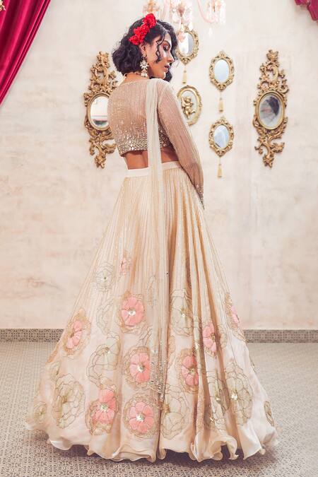 Shop Show Shaa Ivory Organza, Net, Satin Mirrors, Floral Hand Embroidered Bridal Lehenga Set Shop_Show Shaa_Ivory Organza, Net, Satin Mirrors, Floral Hand Embroidered Bridal Lehenga Set
